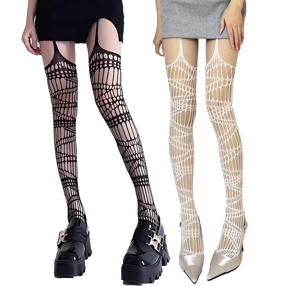 2120 2-Pack Y2K Goth Fishnet Tights Ripped Thigh High Stockings with Garter